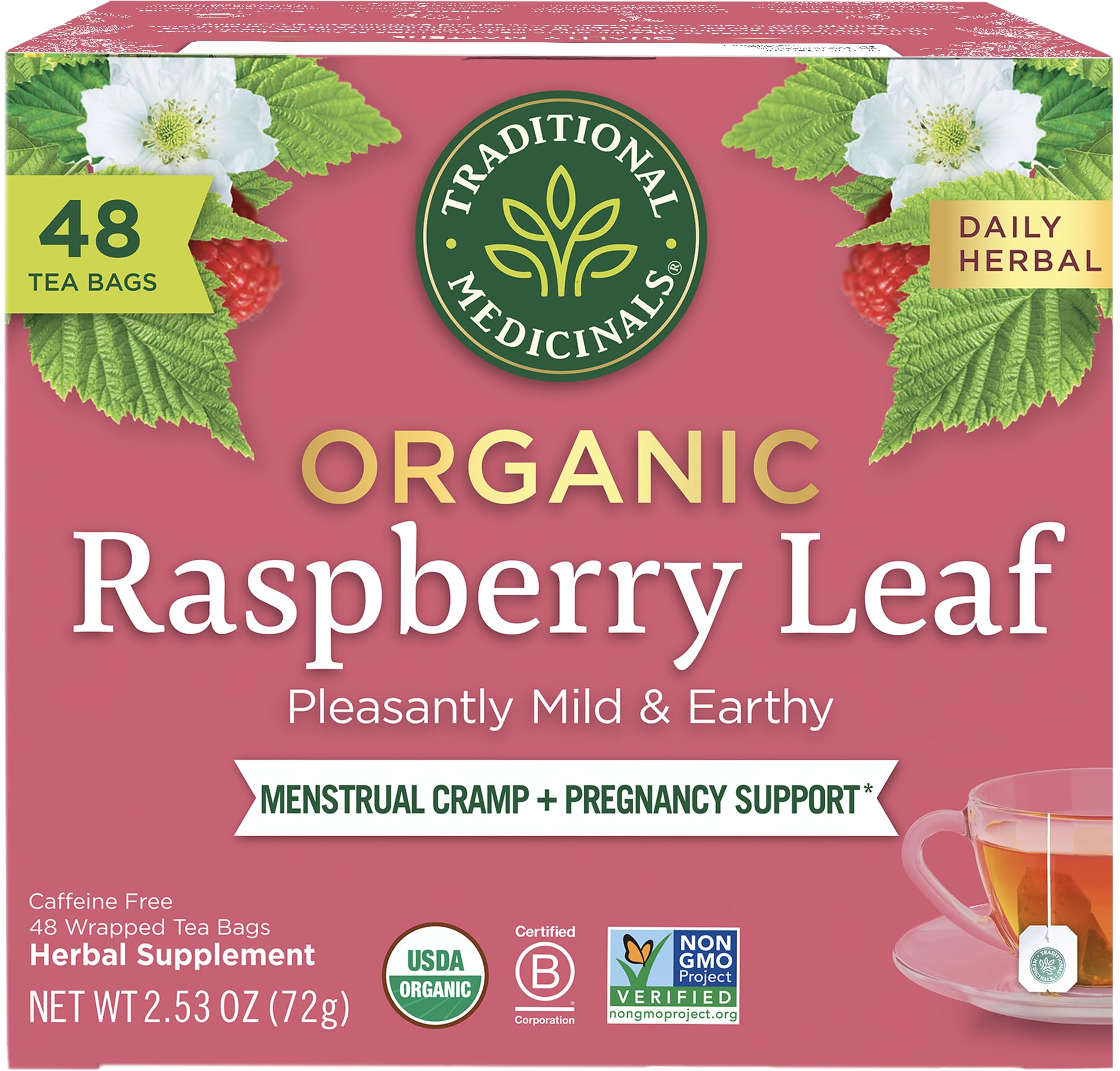 Traditional Medicinals raspberry leaf tea bags package, organic and caffeine-free for daily cycle support.