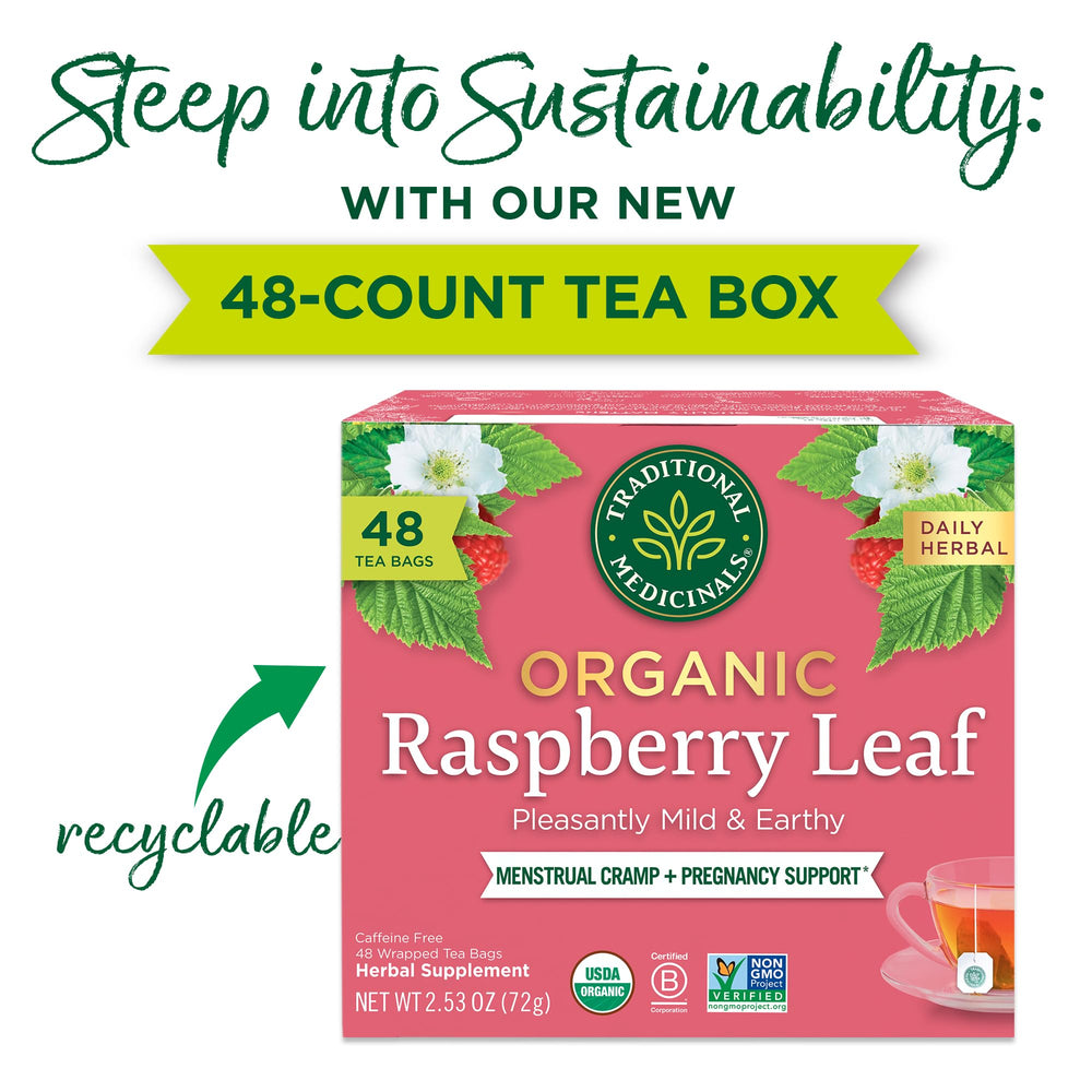 Brewing Traditional Medicinals raspberry leaf tea cup steeping, aromatic and robust.