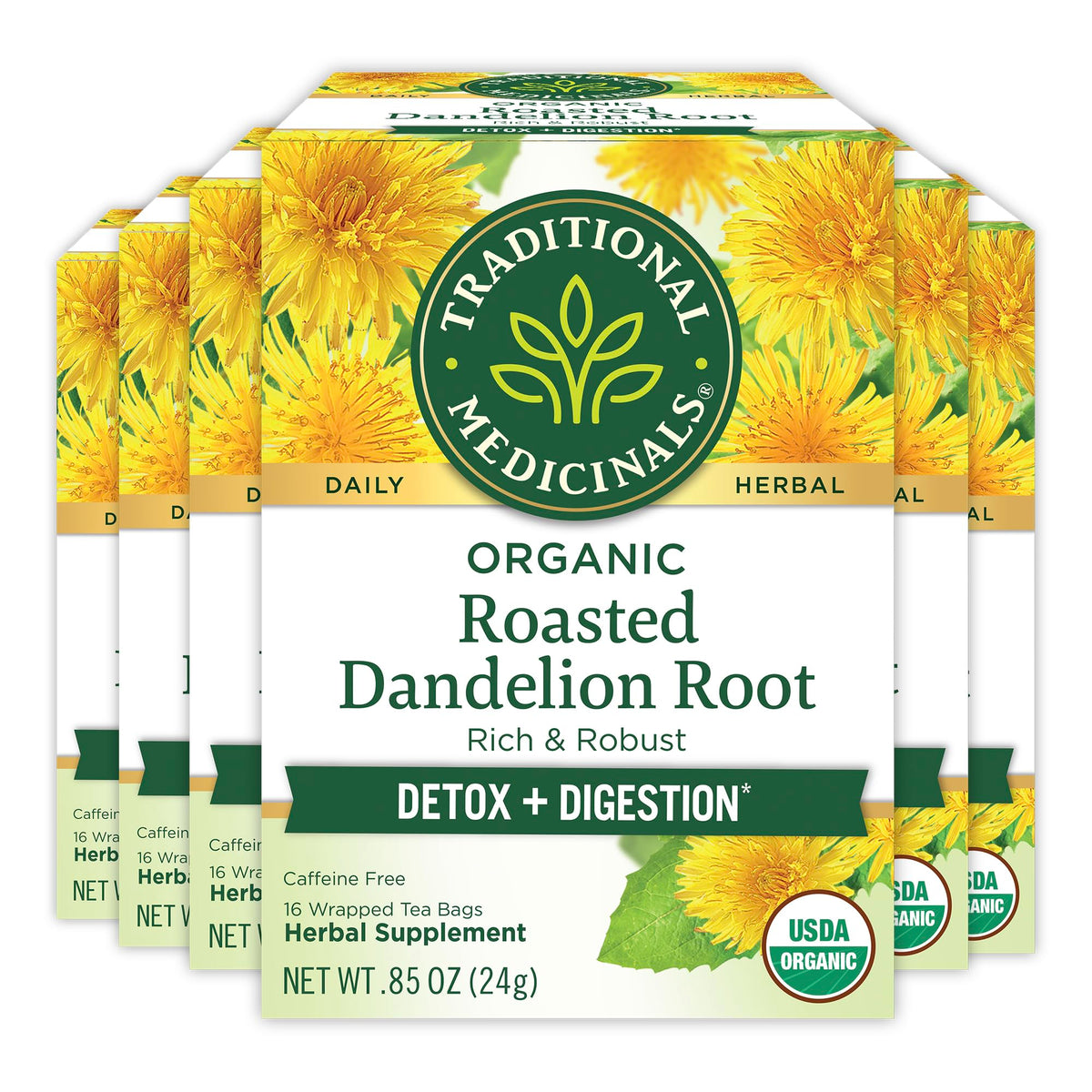 Traditional Medicinals roasted dandelion root tea bag ready to brew for digestion support.