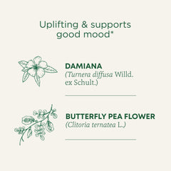 Close-up of rose, hawthorn, and butterfly pea in the blend.