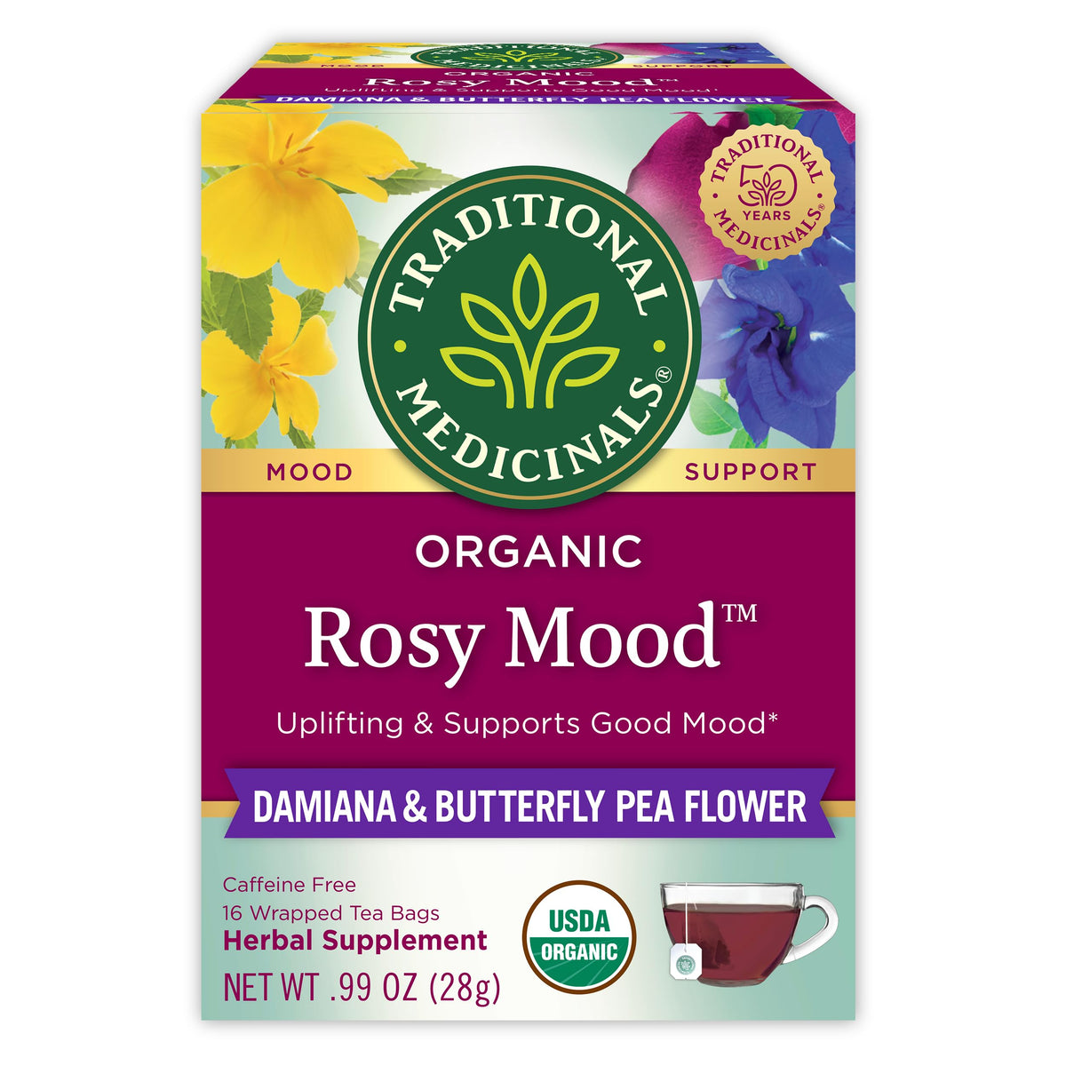 Traditional Medicinals Rosy Mood tea bag steeping for a mood-boosting moment.