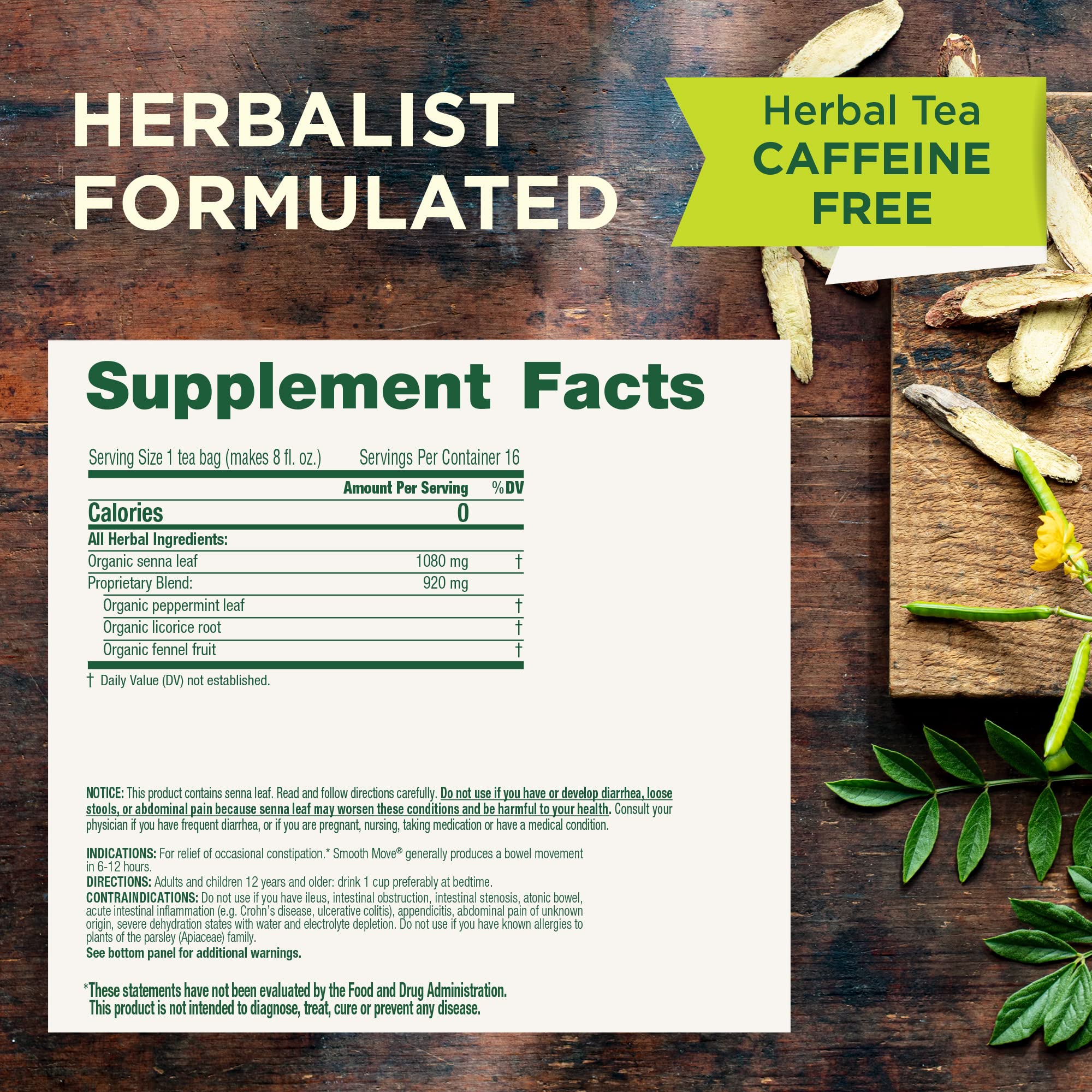Traditional Medicinals Smooth Move box front highlights organic, non-GMO, and decaffeinated formula.