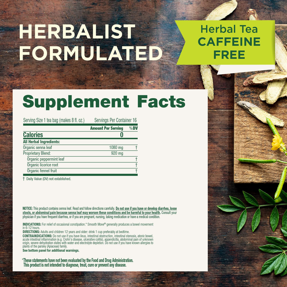 Traditional Medicinals Smooth Move box front highlights organic, non-GMO, and decaffeinated formula.