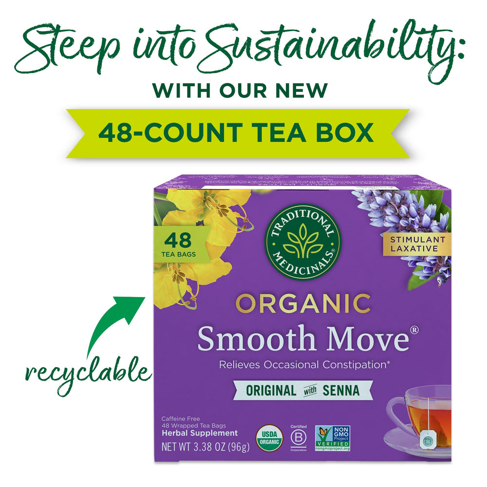 Boxed Traditional Medicinals Smooth Move packaging highlights herbal formulation.