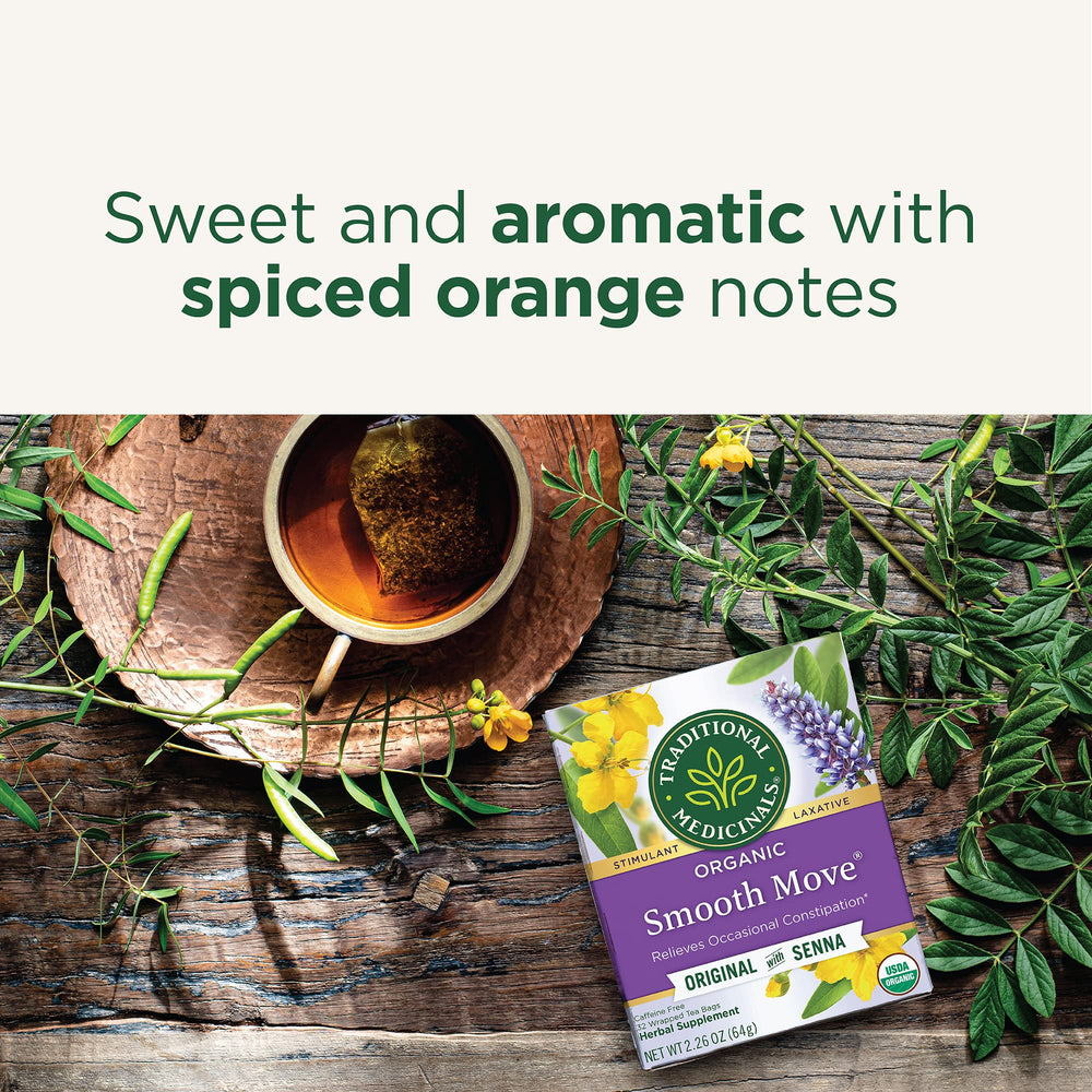 Traditional Medicinals Smooth Move Tea bags close-up showing senna leaves for gentle relief.