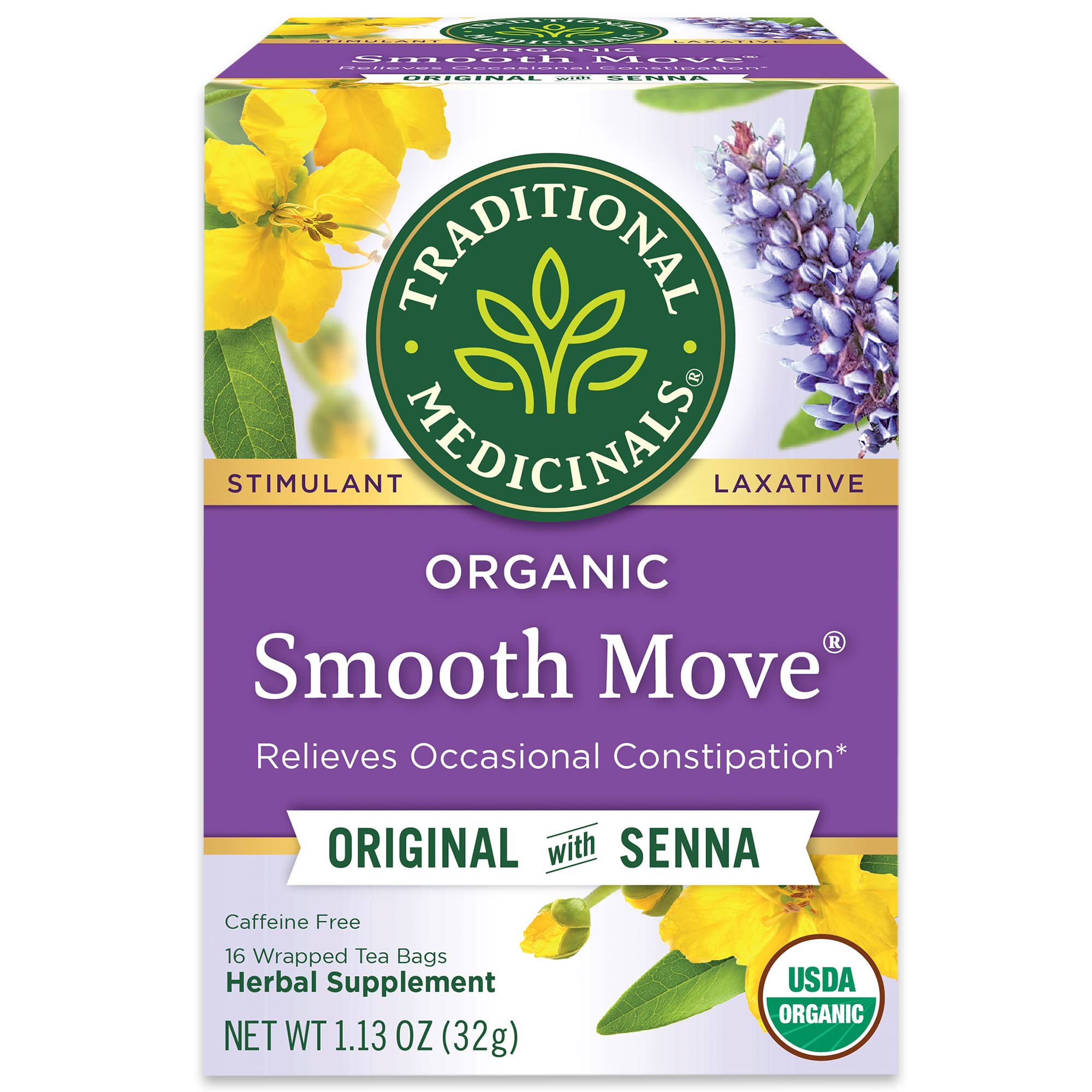 Traditional Medicinals Smooth Move tea box with organic ingredients for gentle overnight relief.