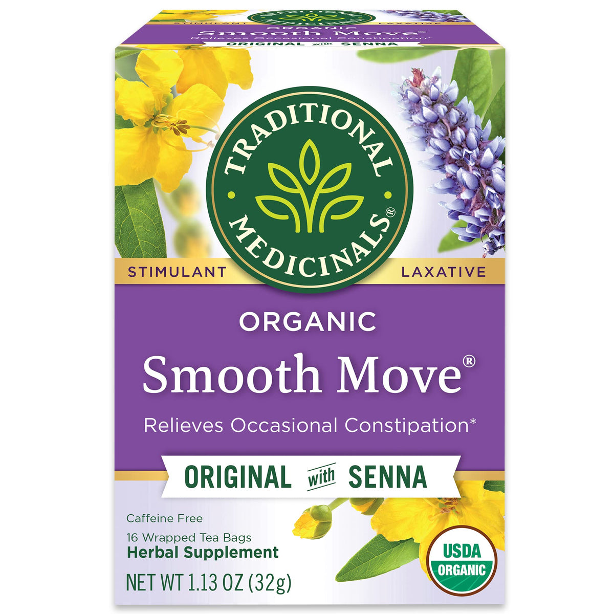 Traditional Medicinals Smooth Move tea box with organic ingredients for gentle overnight relief.