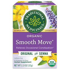 Traditional Medicinals Smooth Move tea box with organic ingredients for gentle overnight relief.