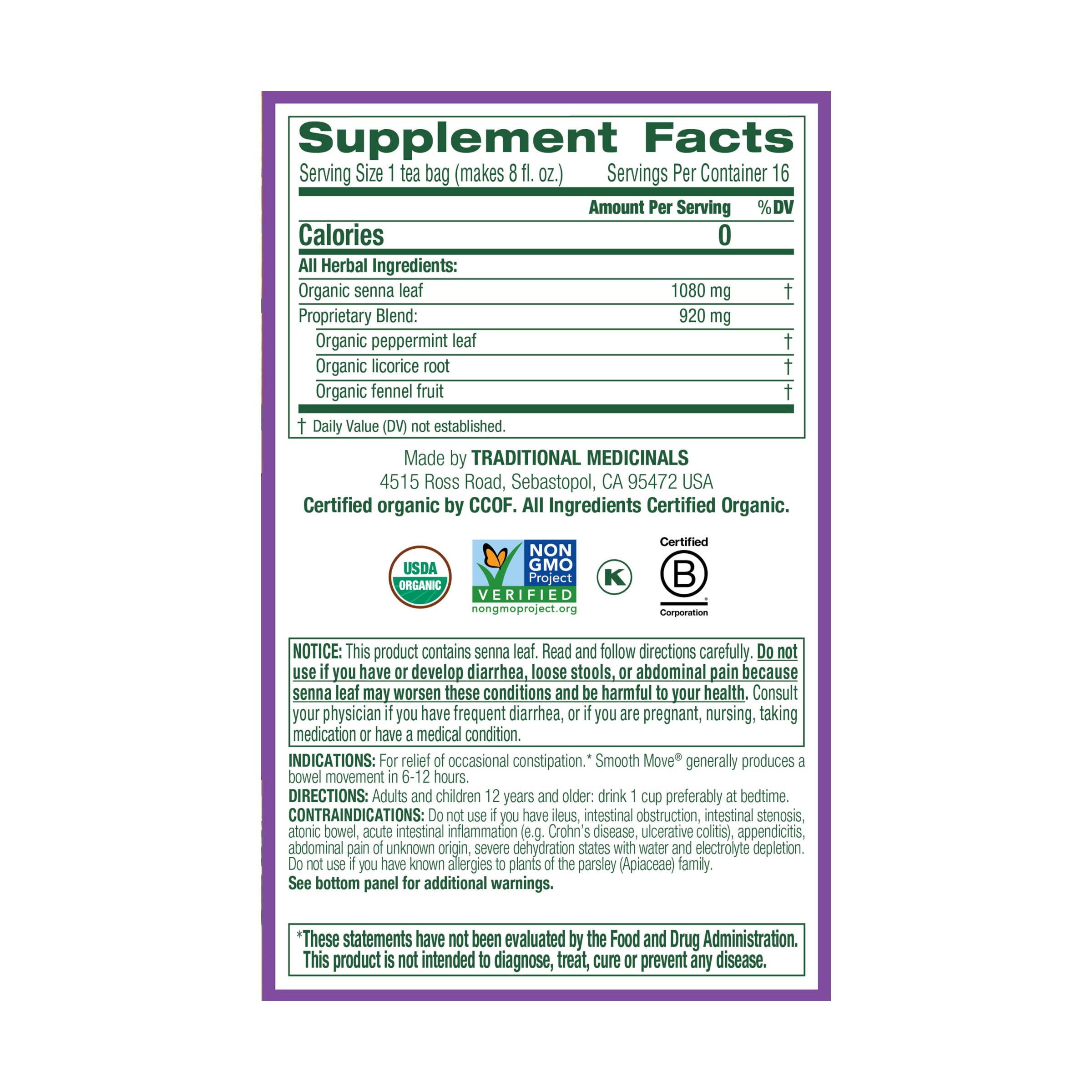 Ingredients of Smooth Move tea: senna and peppermint for herbal digestive support.