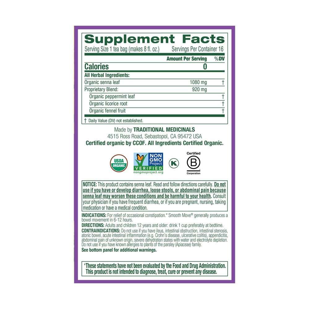 Ingredients of Smooth Move tea: senna and peppermint for herbal digestive support.