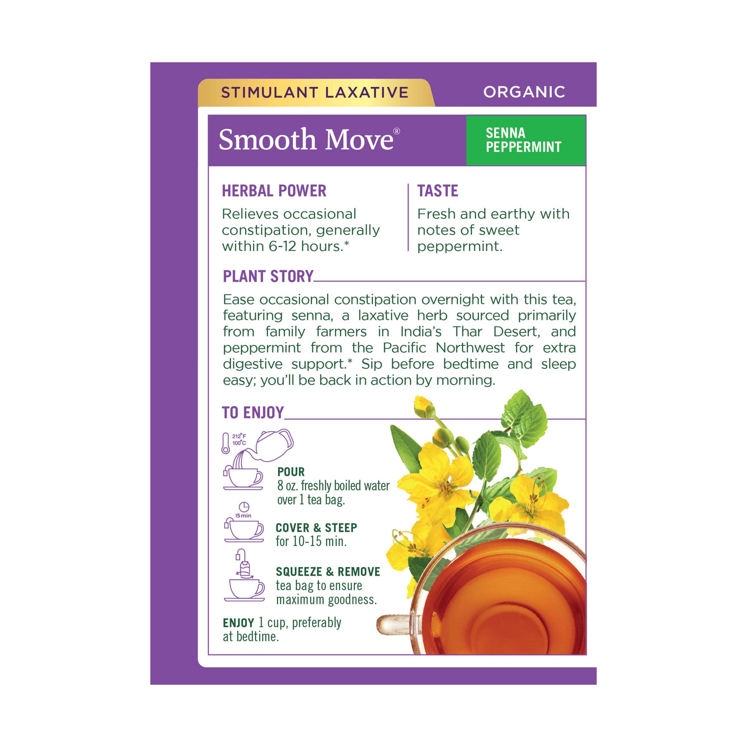 Label on Smooth Move tea highlighting kosher, non-GMO, and compostable tea bags.