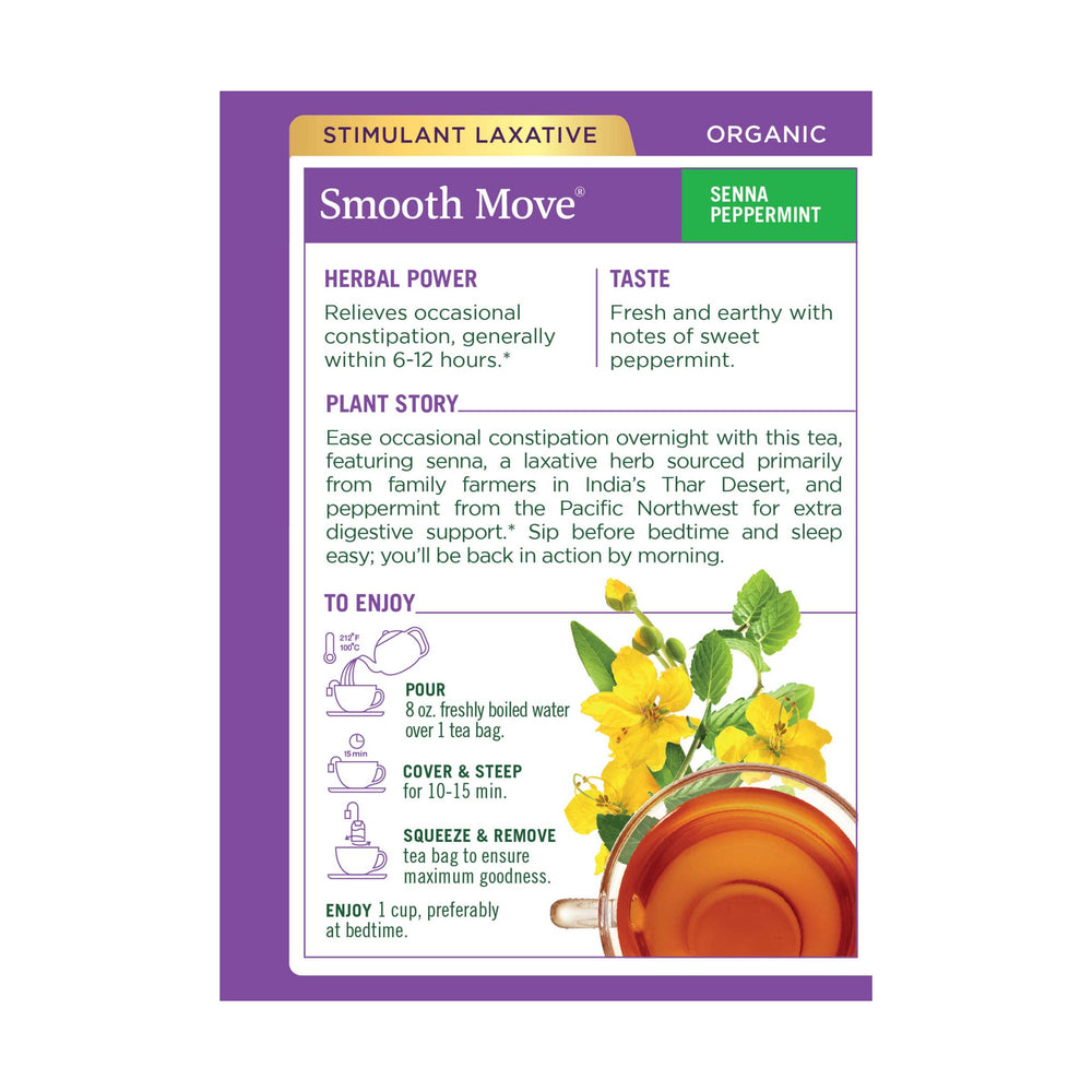 Label on Smooth Move tea highlighting kosher, non-GMO, and compostable tea bags.
