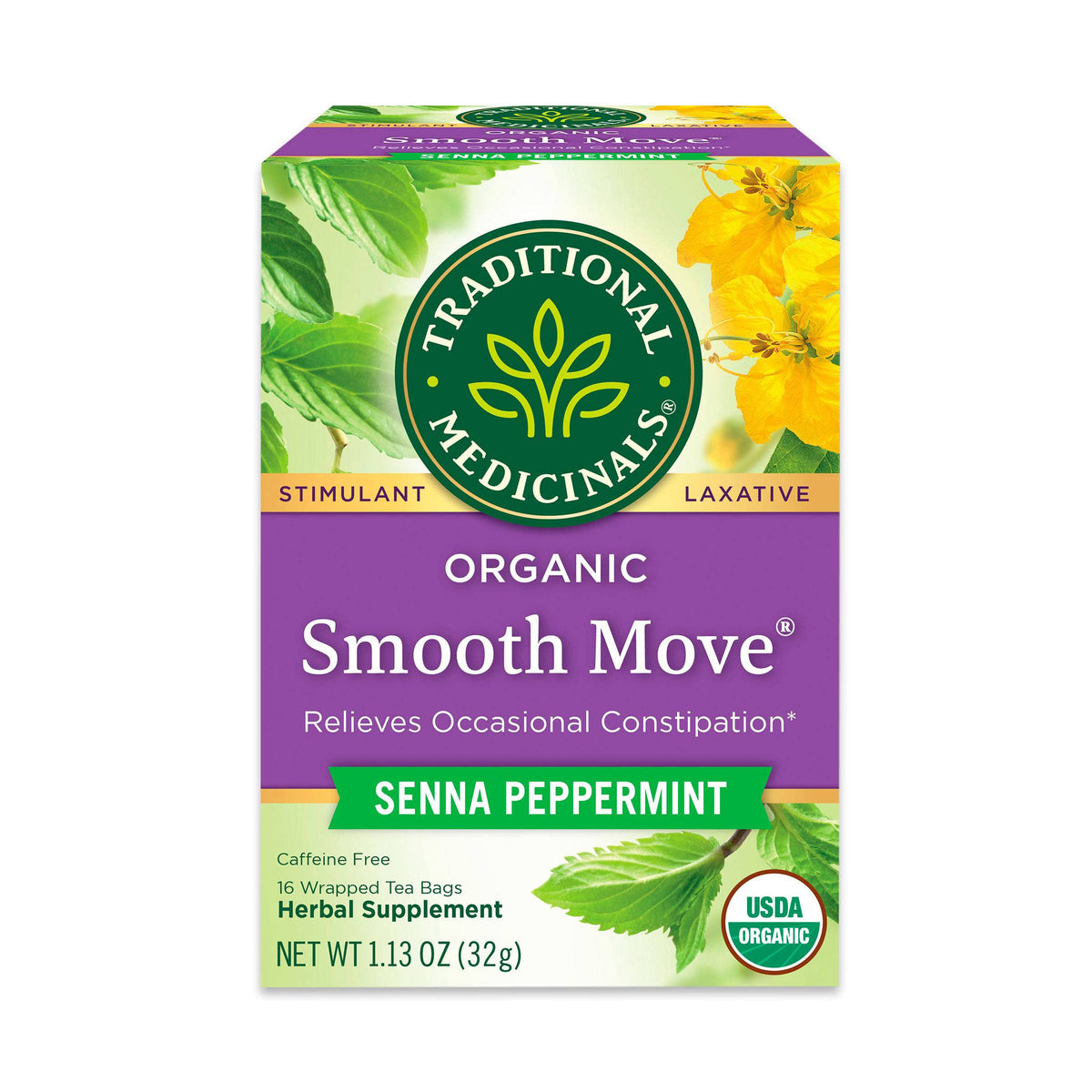 Traditional Medicinals Smooth Move tea packaging showing organic, trusted herbal blend for nighttime use.