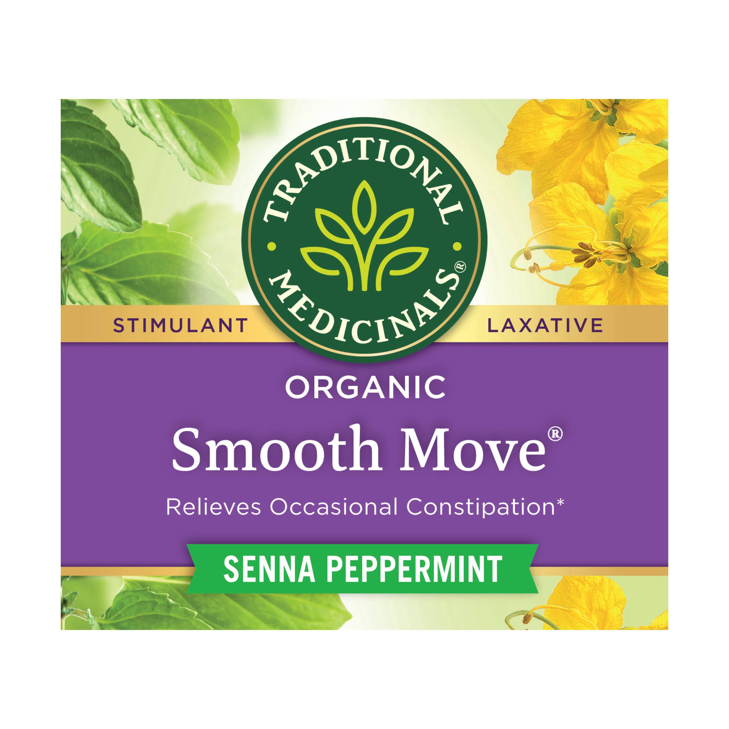 Closeup of Smooth Move tea bag with visible organic herbs for gentle overnight relief.