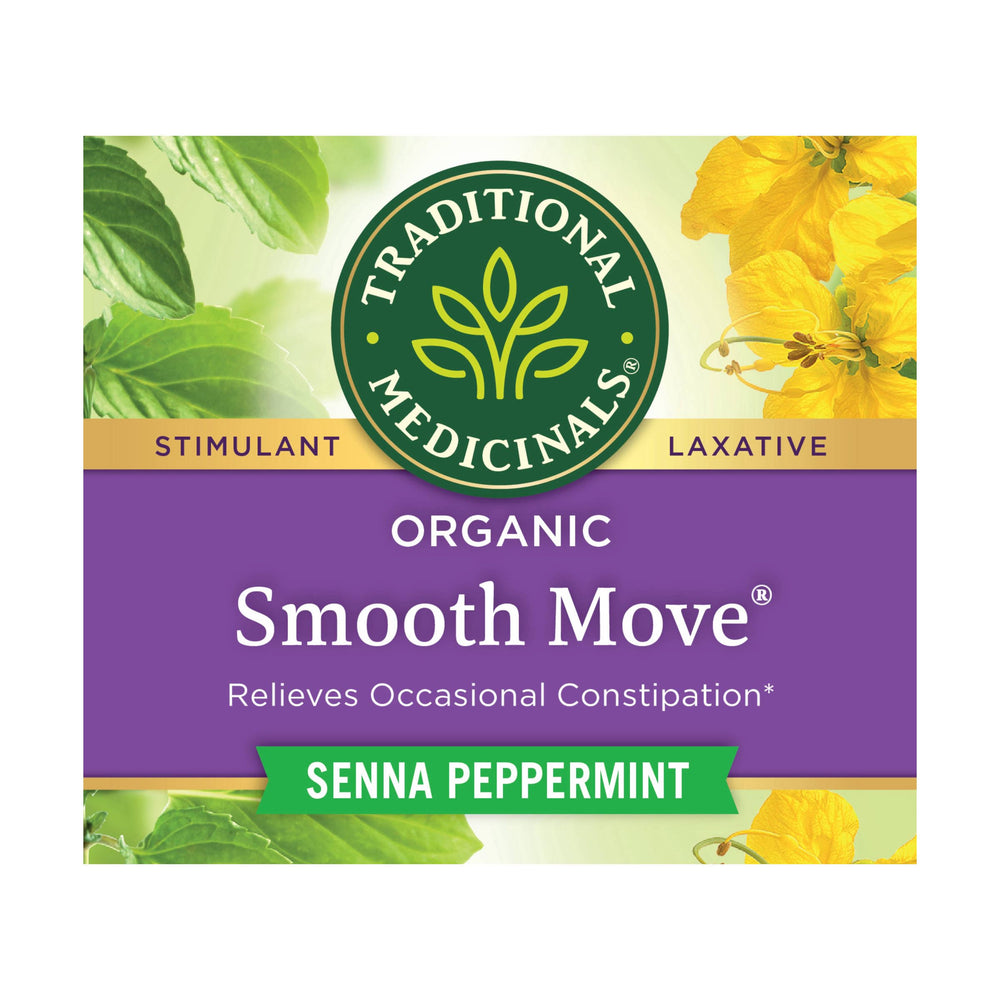 Closeup of Smooth Move tea bag with visible organic herbs for gentle overnight relief.