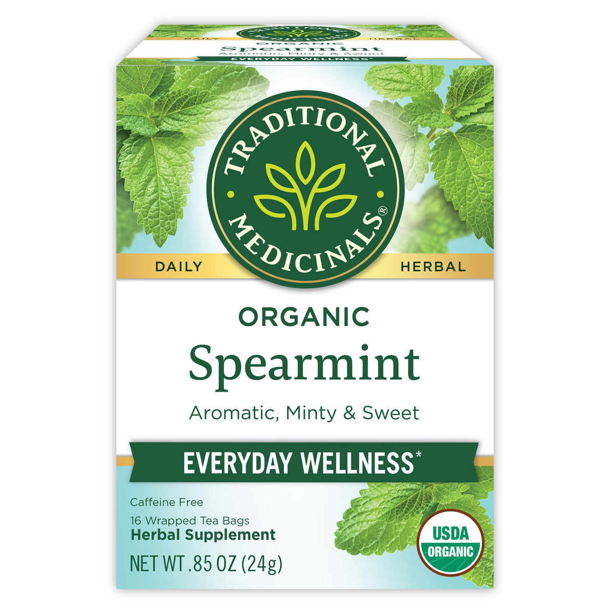 Traditional Medicinals spearmint tea bags ready for a refreshing, caffeine-free moment.