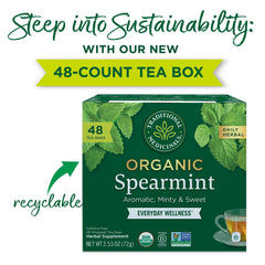 Traditional Medicinals spearmint tea steeping cup, hot mint infusion.