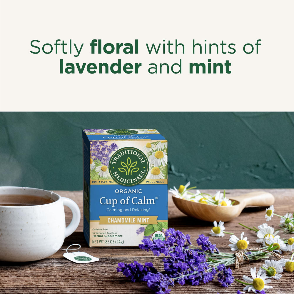 Traditional Medicinals tea steeping in a cup with steam