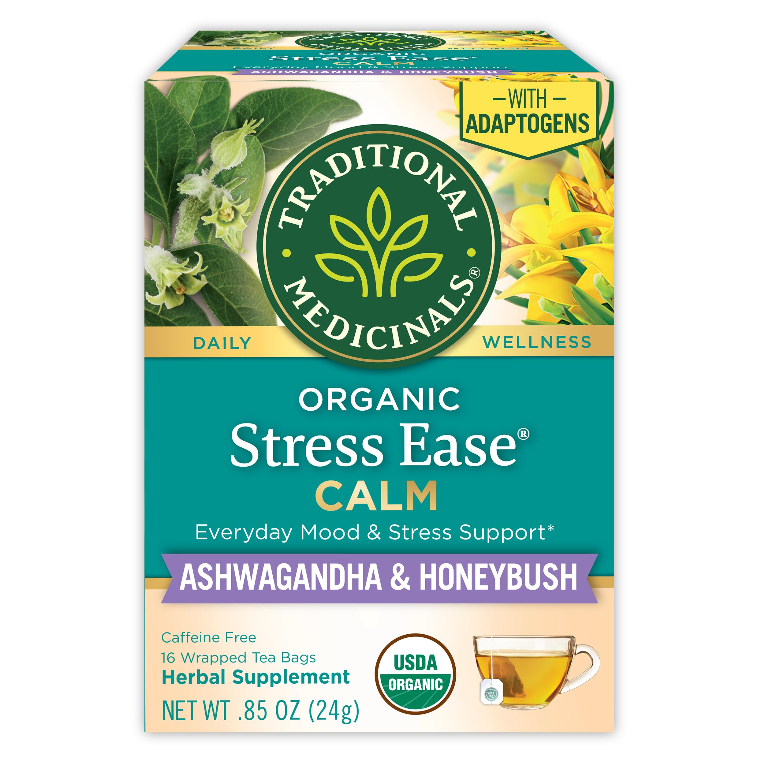 Traditional Medicinals Stress Ease cup steep offers a calming brew to unwind after a busy day.