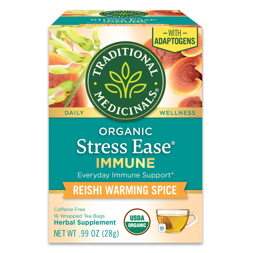 Traditional Medicinals Stress Ease Immune tea cup releasing a soothing aroma.