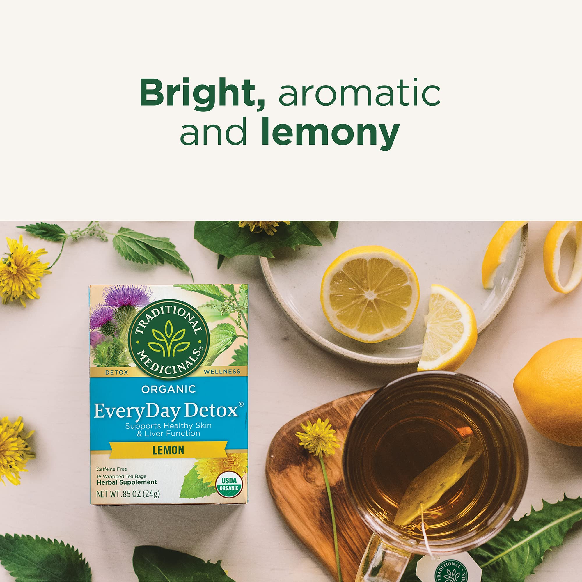 Close-up of Traditional Medicinals Everyday Detox Lemon ingredients: burdock, dandelion, nettles and cleavers.