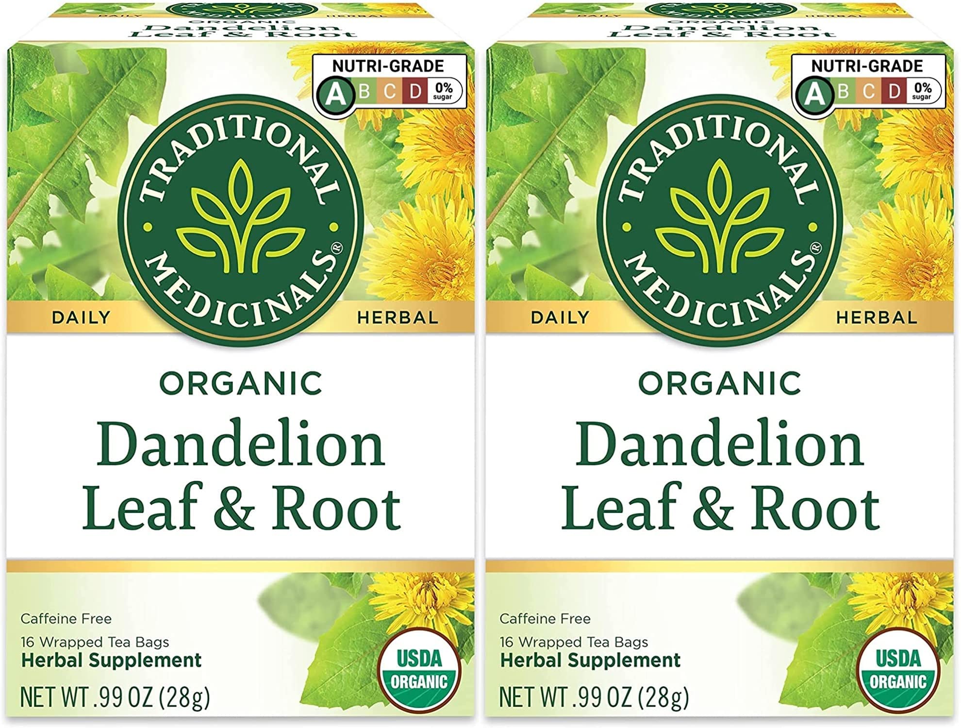 Traditional Medicinals Dandelion Tea box front; organic blend for daily digestion support.