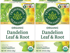 Traditional Medicinals Dandelion Tea box front; organic blend for daily digestion support.