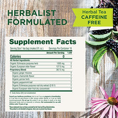 Traditional Medicinals cup with infusion of echinacea plus elderberry and sweet-tart notes.