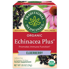 Traditional Medicinals Echinacea Plus Elderberry tea bags with berry aroma for daily immune-support routine.