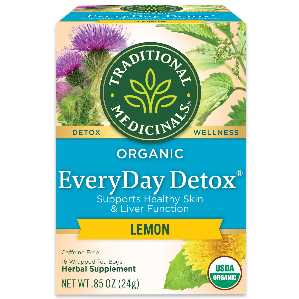 Traditional Medicinals Everyday Detox Lemon tea bags with bright lemon aroma for skin and kidney support.