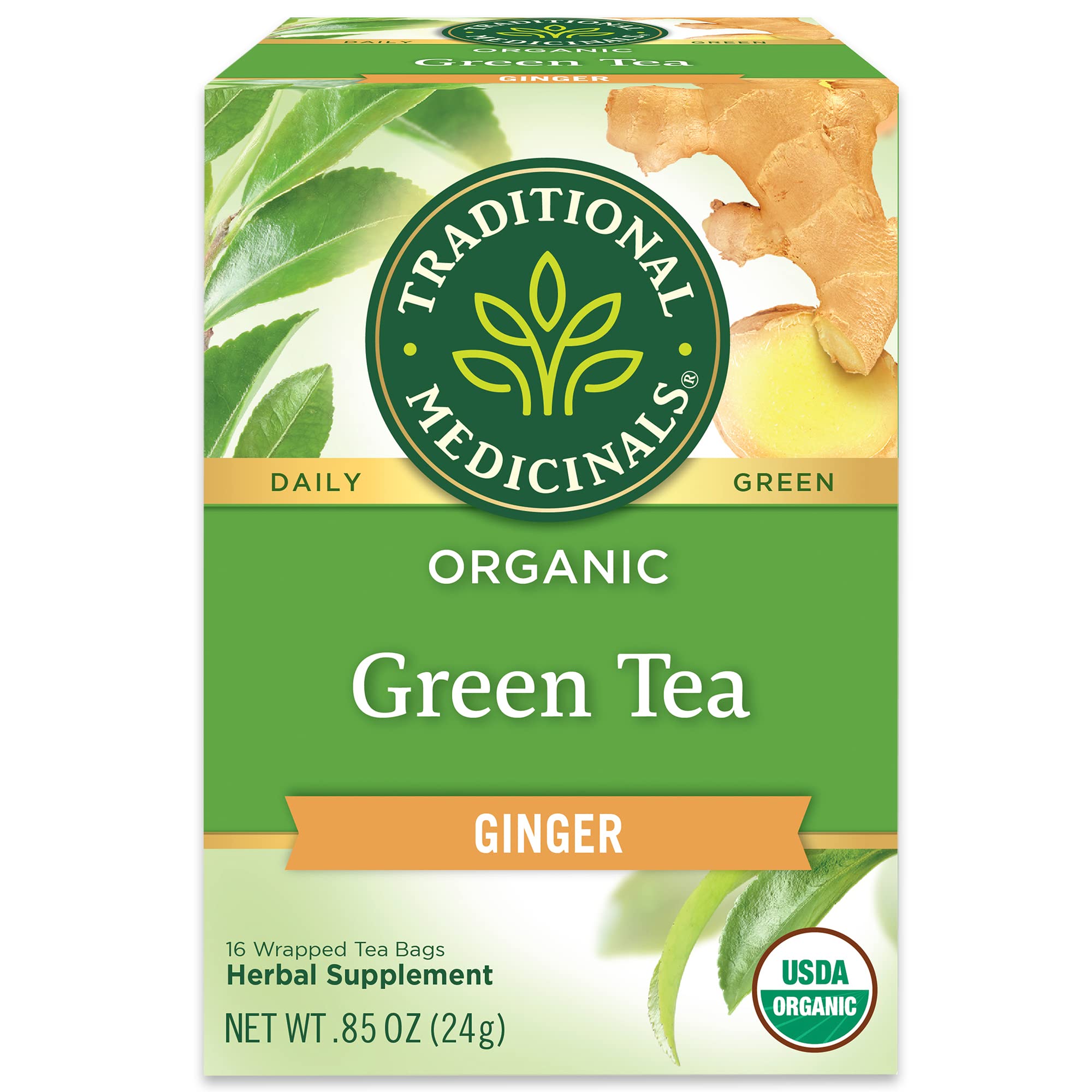 Traditional Medicinals Organic Green Tea Ginger bags ready for a gentle digestion-friendly cup.