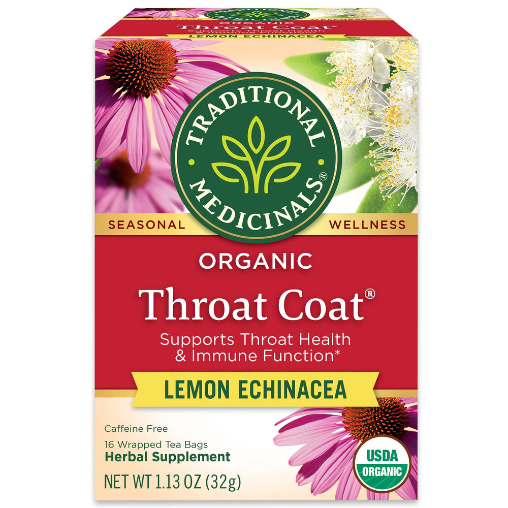 Traditional Medicinals Throat Coat Lemon Echinacea tea in a cup for throat comfort.