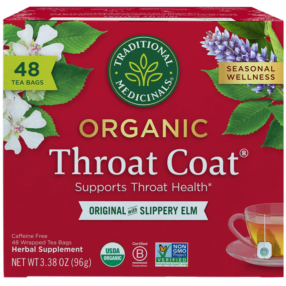 Traditional Medicinals Throat Coat tea bags for soothing throat comfort.