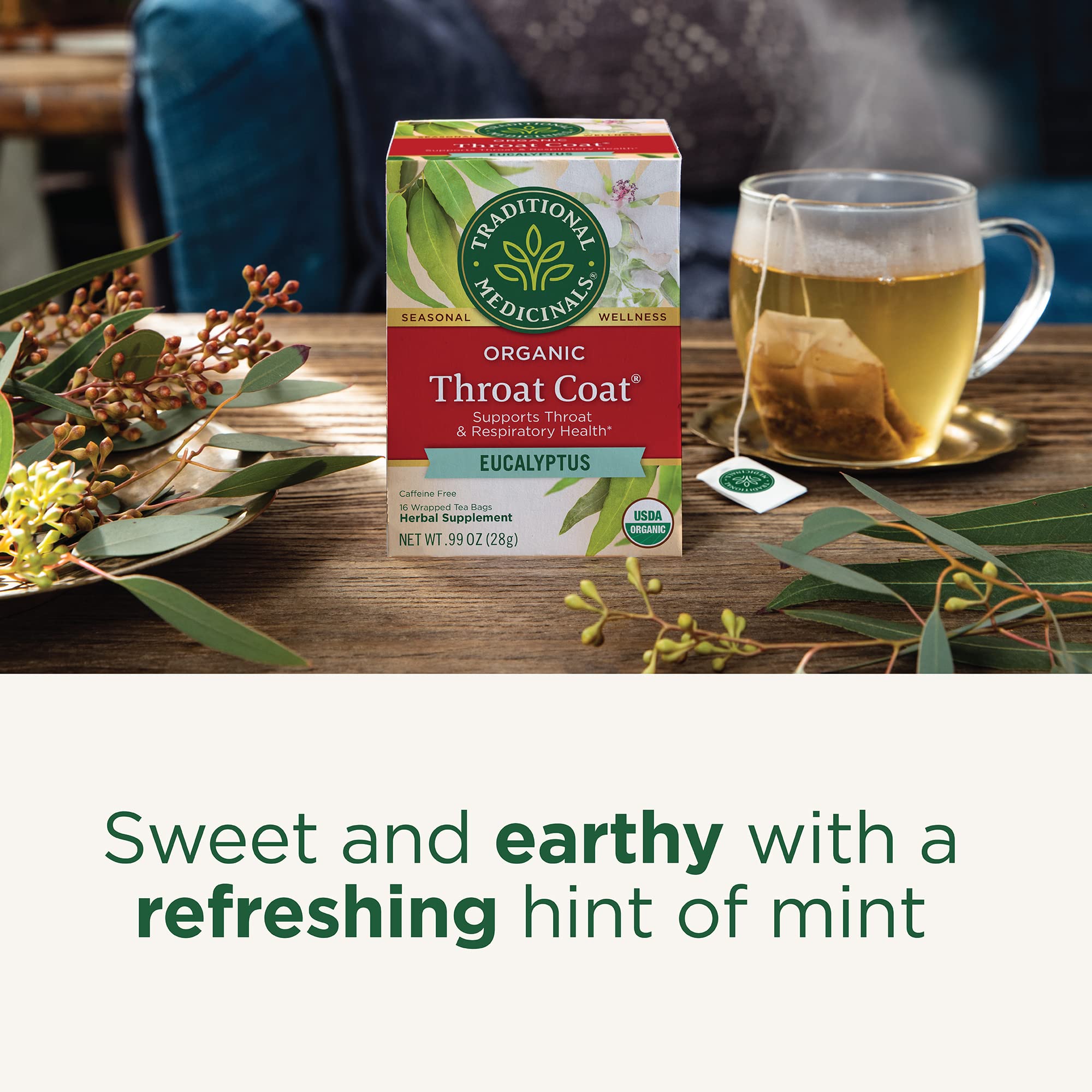 Traditional Medicinals Throat Coat Tea ingredients closeup, highlighting eucalyptus and slippery elm