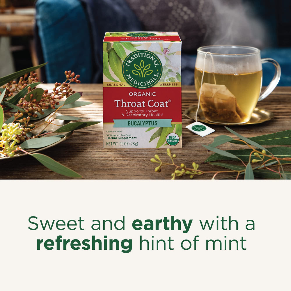 Traditional Medicinals Throat Coat Tea ingredients closeup, highlighting eucalyptus and slippery elm
