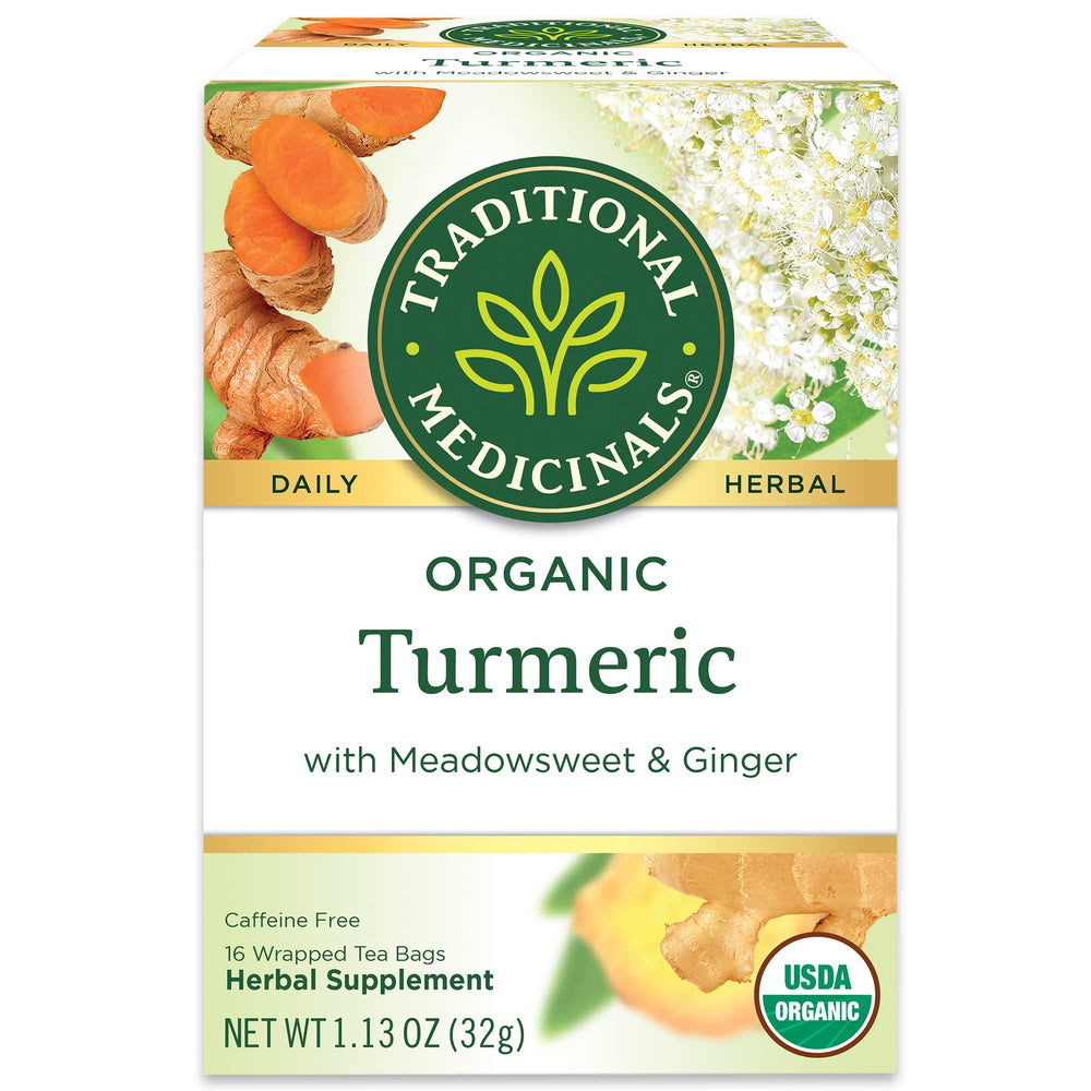 Traditional Medicinals turmeric tea with ginger and meadowsweet in a cup with a warm, earthy aroma.