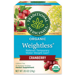 Traditional Medicinals Weightless Cranberry tea packaging promotes a light, diuretic-friendly ritual.