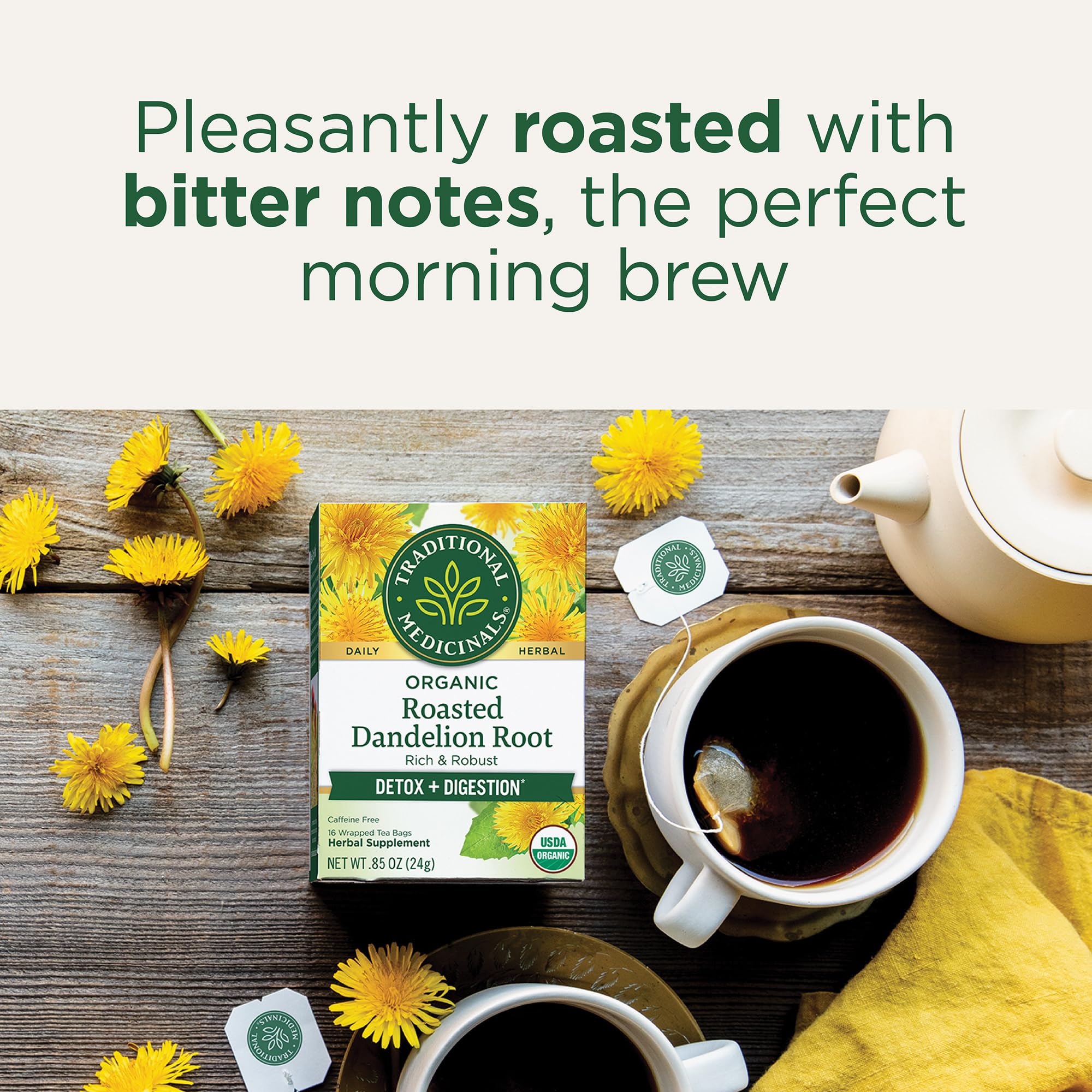 Traditional Medicinals dandelion roots harvested from meadows for quality flavor.