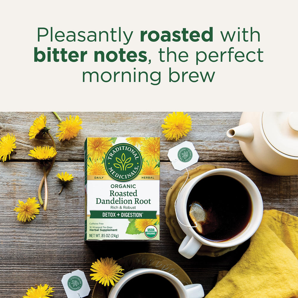 Traditional Medicinals dandelion roots harvested from meadows for quality flavor.