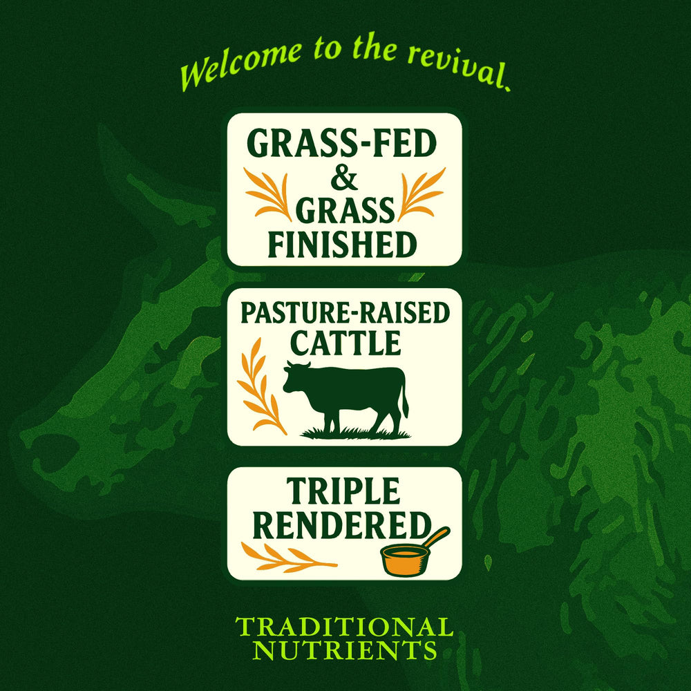 Traditional Nutrients Beef Tallow with 400°F smoke point for crisp browning.