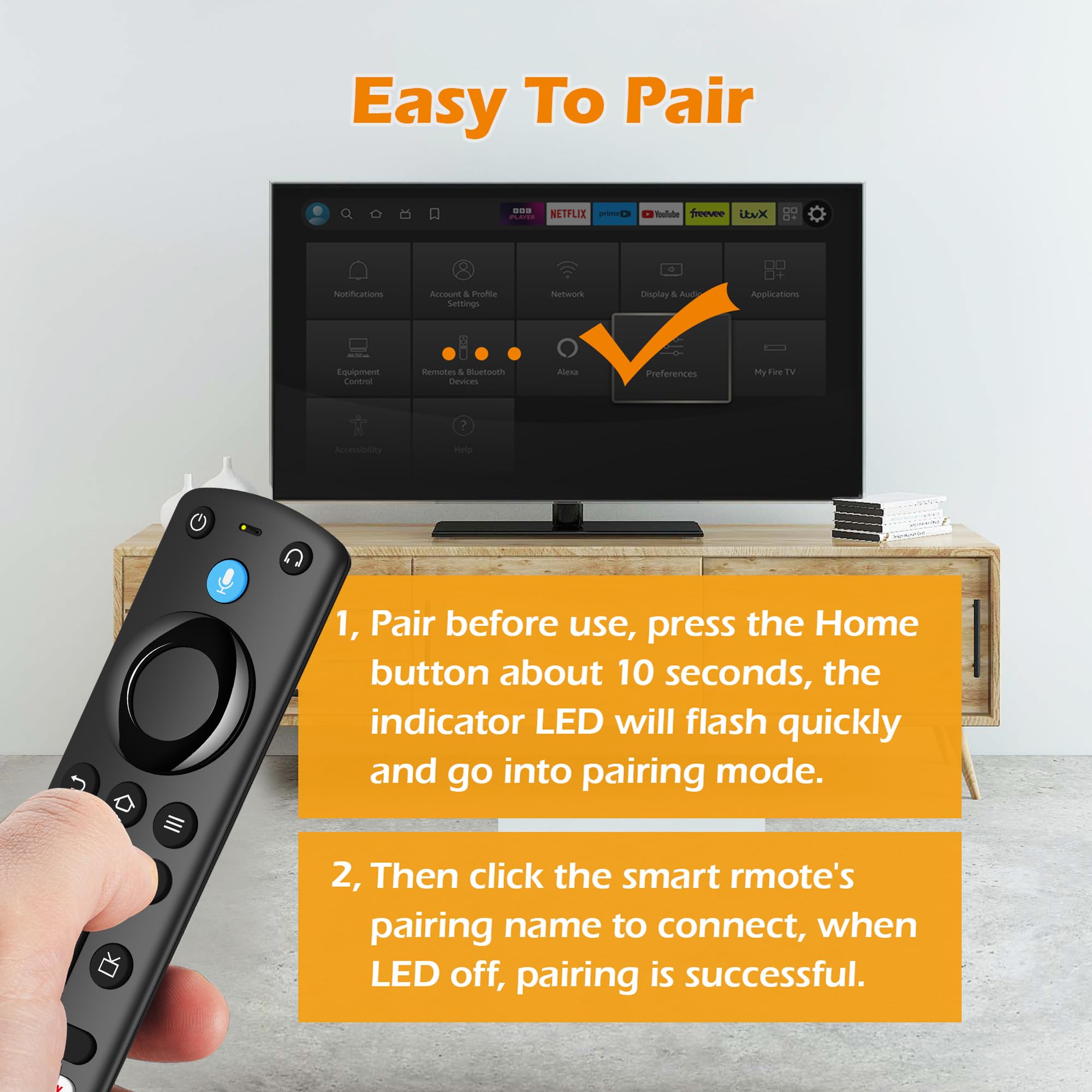 Trado remote for Fire TV Stick 4K Plus, front view, fast-launch shortcuts.