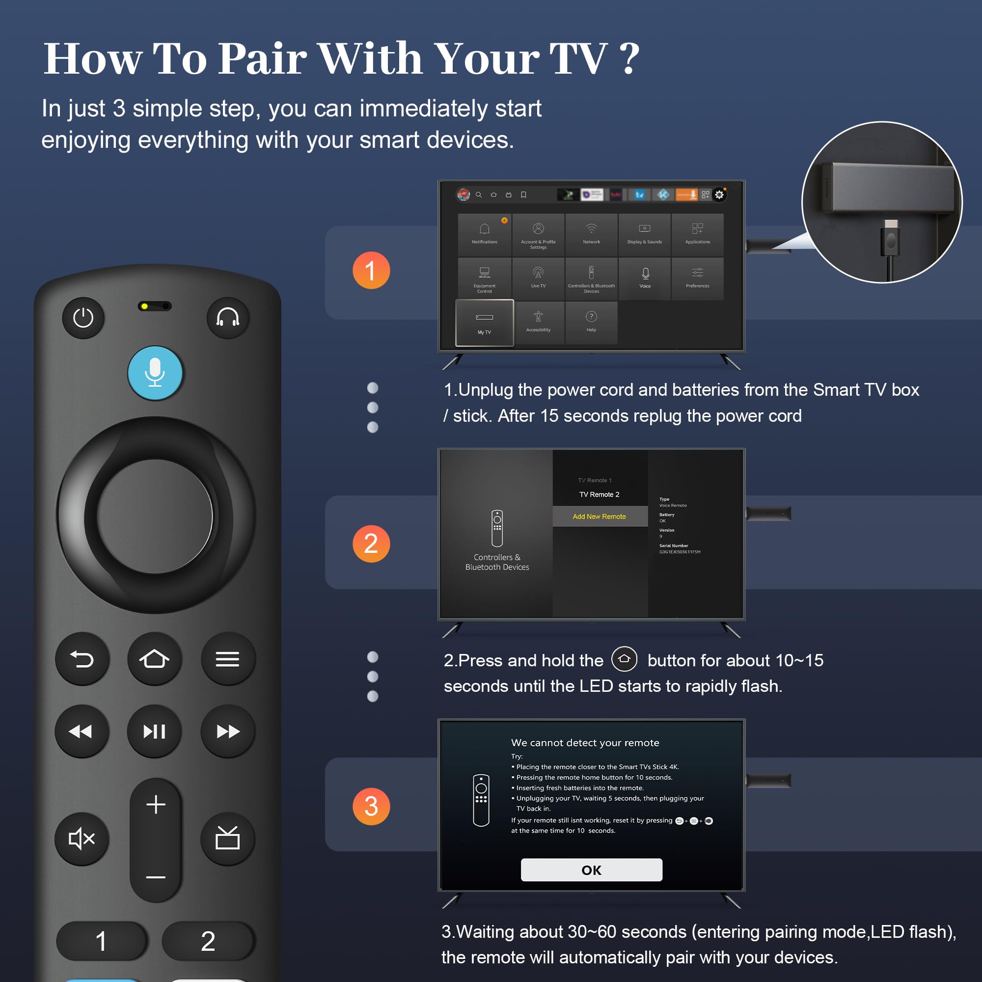 Trado pendant-design remote, front view, universal TV compatibility hint.