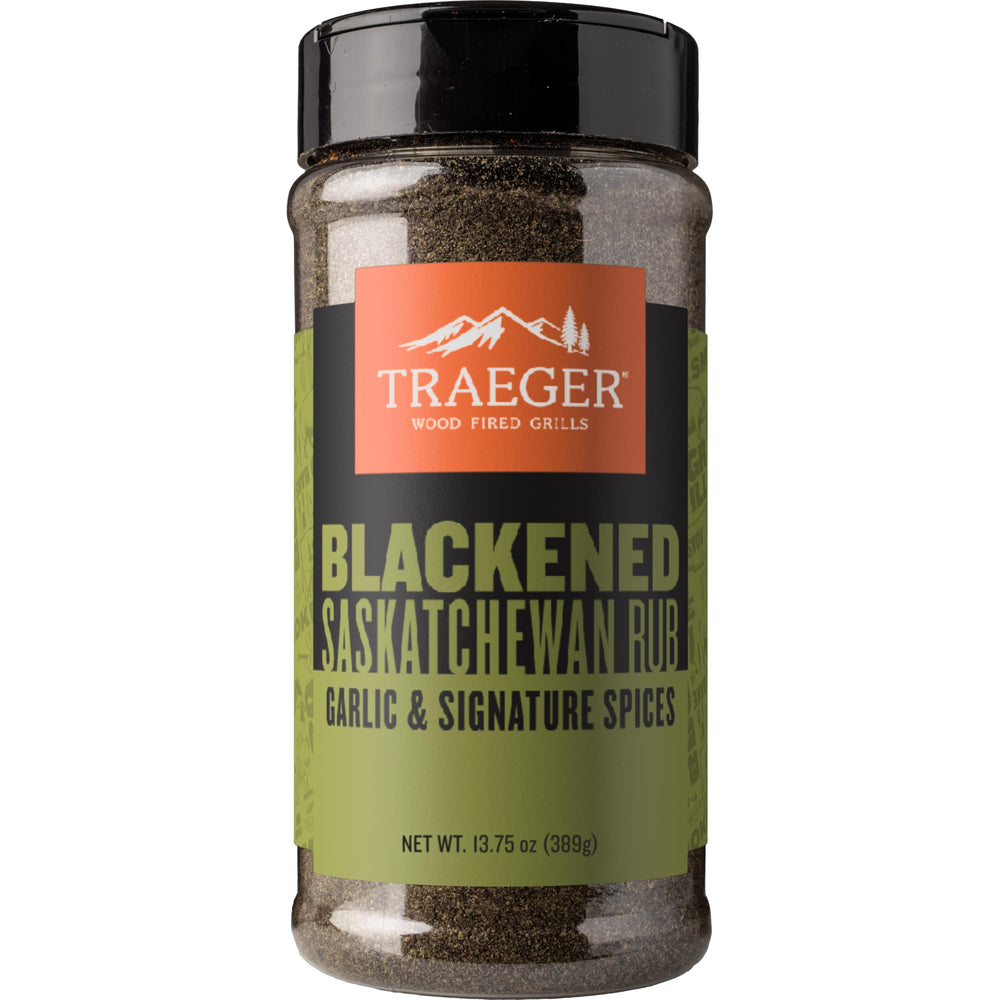 Traeger Blackened Saskatchewan Rub jar front showcases bold spice for grilling.