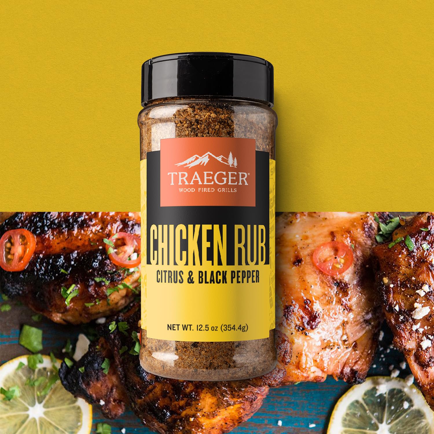 Traeger packaging new-label display showing citrus and spice blend benefits
