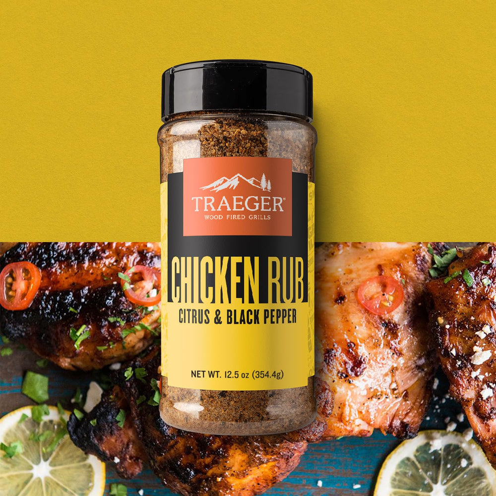 Traeger packaging new-label display showing citrus and spice blend benefits