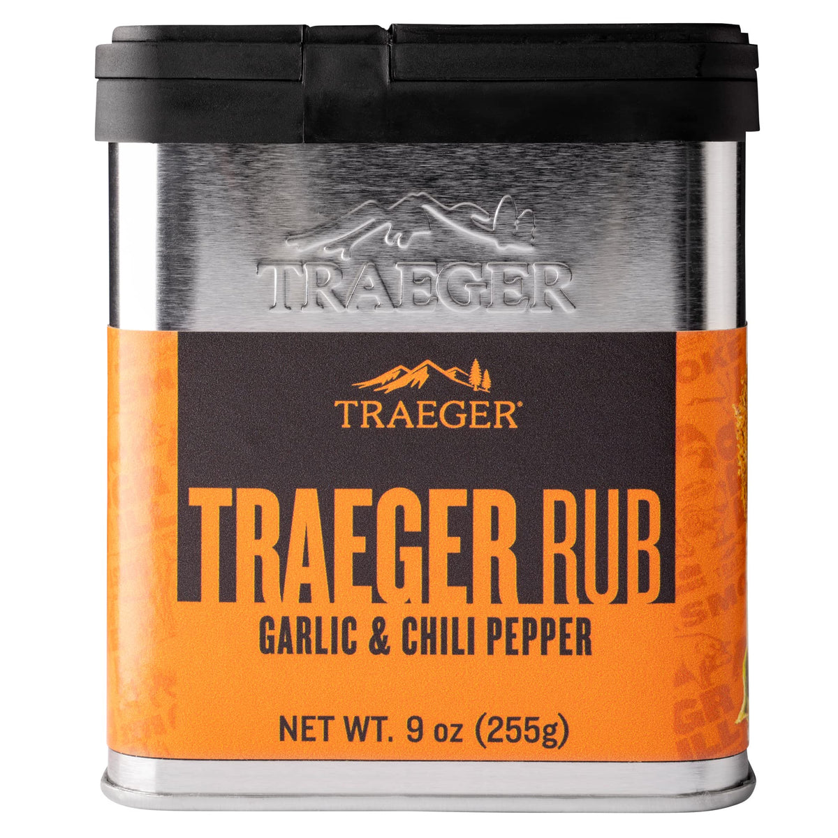 Traeger Garlic-Chili Rub jar with bold aroma for versatile protein seasoning.