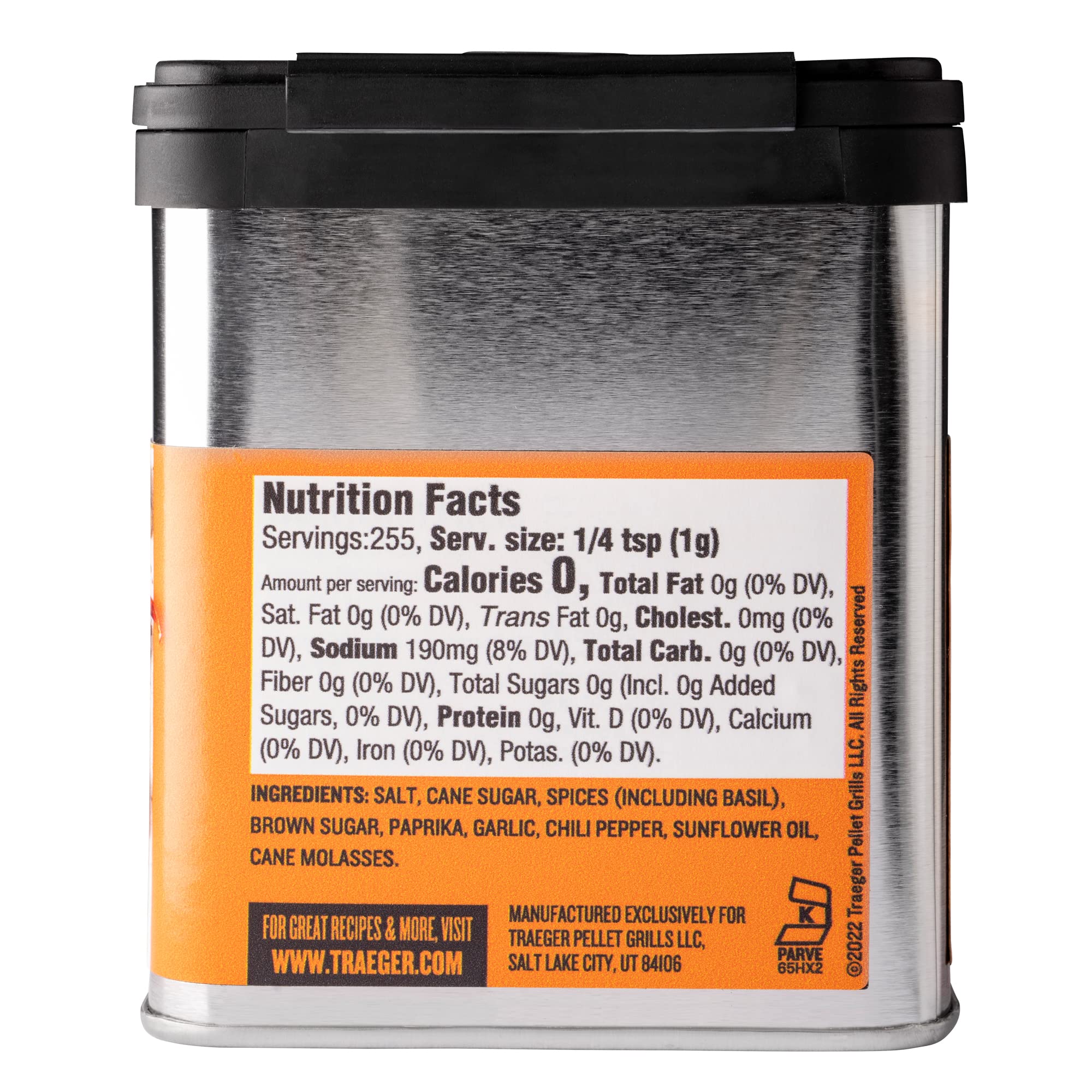 Traeger Garlic-Chili Rub 9oz tin, convenient stackable packaging for quick seasoning.
