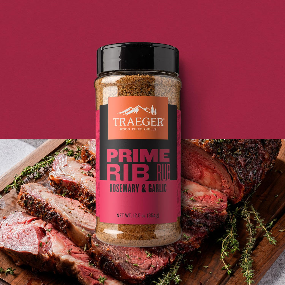 Traeger rosemary and garlic rub closeup highlights savory herb notes for beef.