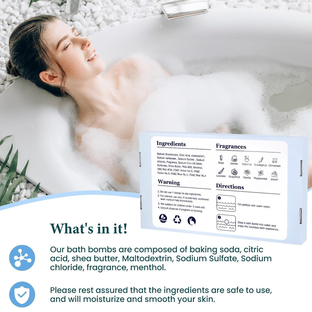TranquilBliss bath bombs featuring shea butter and mild ingredients for skin care.