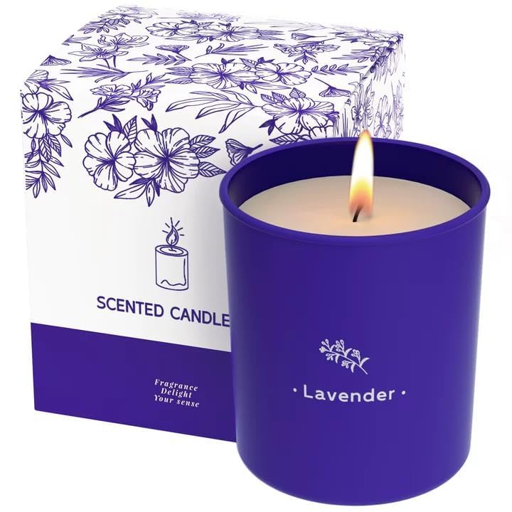 TranquilBliss lavender candle in a purple jar for a calming home scent